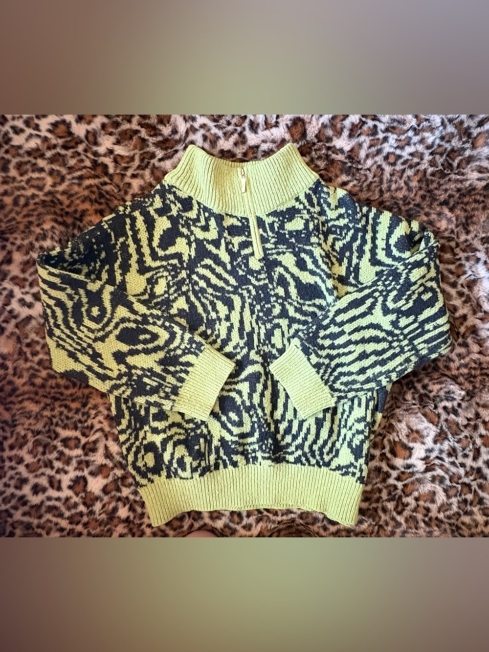 Sweet Rain Lime Green and Black Patterned Zip-Neck Sweater